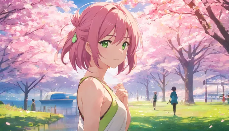 anime girl with pink hair and green eyes posing for a picture, sakura haruno, Best anime 4k konachan wallpaper, seductive anime girls, Marin Kitagawa fanart, sakura petals around her, Splash art anime Loli, style of anime4 K, anime moe art style, High Qual...