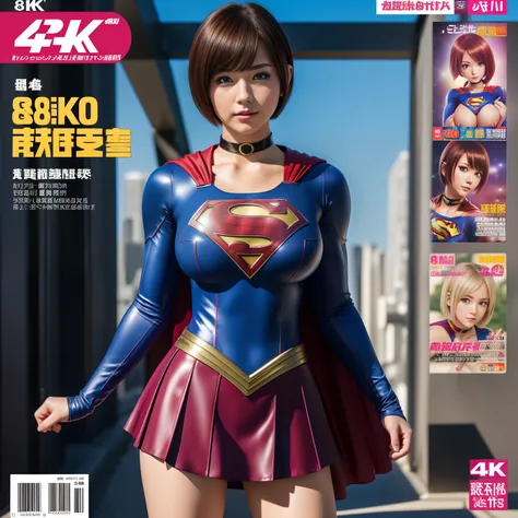 (Best Quality,4K,8K,hight resolution,masutepiece:1.2),Ultra-detailed,Realistic:1.37,Super masterpiece,Short-haired Supergirl、large full breasts、Looking at the camera、Glossy costume、a choker、Too short miniskirt、Weekly magazine cover、kawaii pose