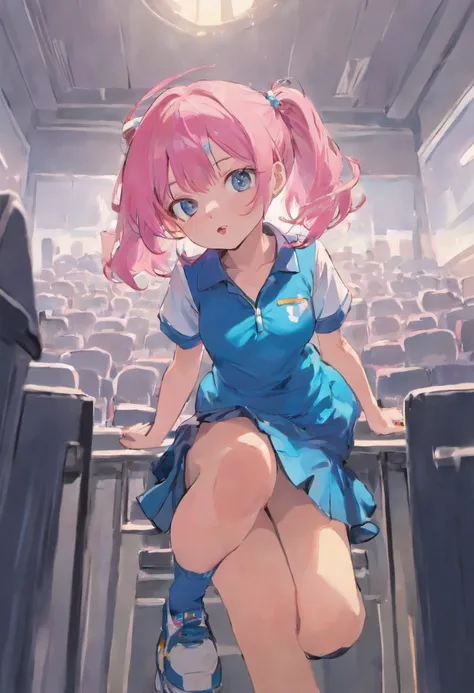 Girl solo, pink hair, blue polo shirt, blue pleated skirt, embarrassed face, looking away, lifting up skirt, wearing diaper, peeing in diaper, in school, sitting on a desk