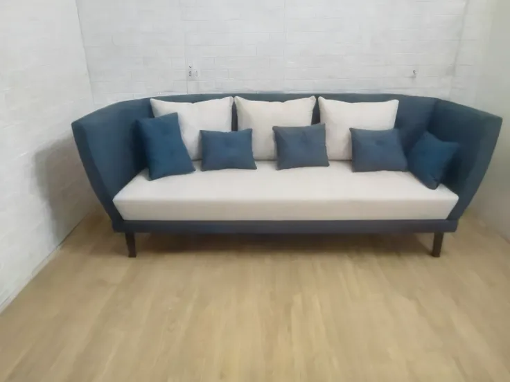 arafed couch with pillows and pillows on it in a room, bay window sofa, sofa, mid - century sofa, large couch, couch, velvet couch, dark teal couch, designer furniture, luxury furniture, lounge furniture, 8k!!, curved furniture, bespoke, very detailed and ...