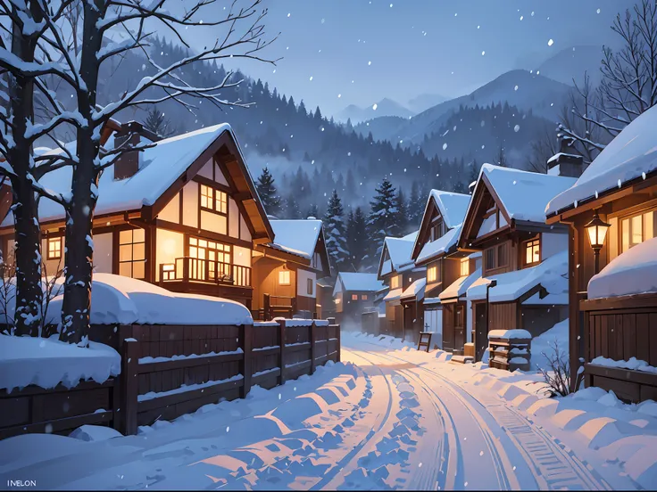 Snow-covered village in winter, snow falling from the sky, evening