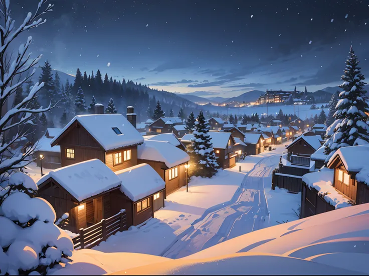 Snow-covered village in winter, snow falling from the sky, evening