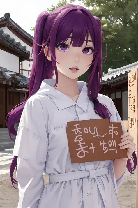 No text、Holding a placard、Background white、Photorealsitic, hight resolution, 1 rapariga, Korea person, Heterochromia eyes, a purple eye、Blunt bangs、red hairs、1girl in, masutepiece,  Best Quality,  High quality, Twin-tailed、Ahegao