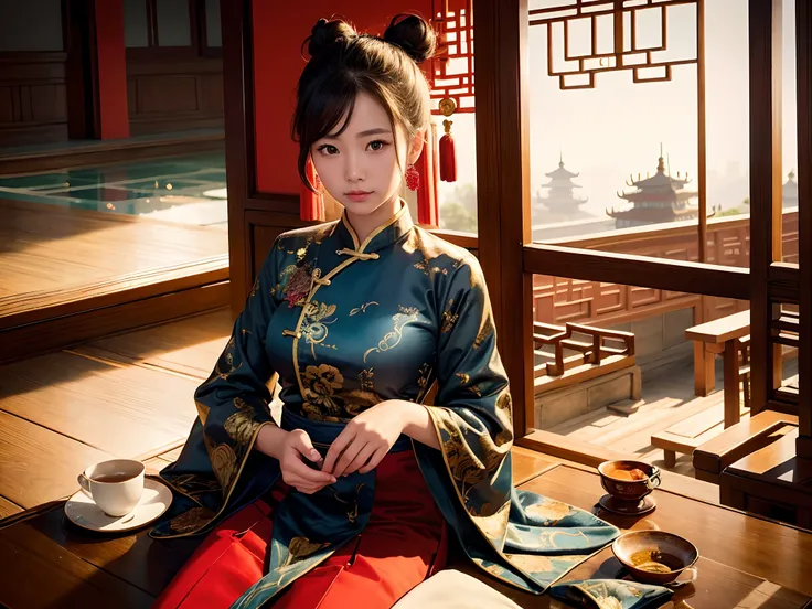 commercial photo, masutepiece, Super Detail, High quality, awardwinning, 8K, girl, Solo, Hair bun, Chinese dress, close up, sitting in the chair, In the tea house, Chinese style interior, In China, traditional, Natural light, in the morning