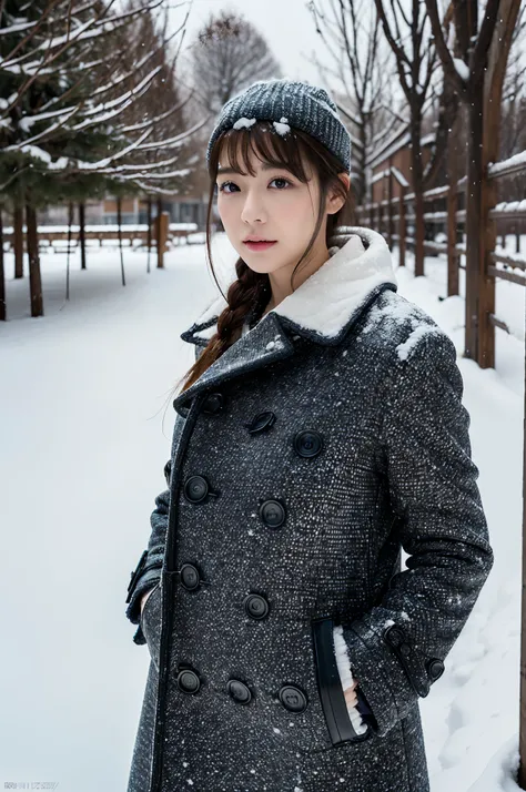 Winters，Snowy landscape，lacepantyhose，appearance々Colored duffel coat、depth of fields，Real Light，Ray traching，OC Renderer，UE5 Renderer，Hyper-realistic，best qualtiy，8K，Works of masters，super-fine，Correct anatomy、Asian Women, (8K、RAW Photos、top-quality、​maste...