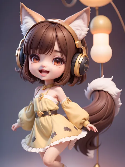 (​masterpiece)、(top-quality)、(ultra-detailliert)、(full body Esbian:1.2)、女の子1人、Chibi、cute little、A smile、open open mouth、Blurring、Brown hair、Wolfcut、Neckline Long、Short hair with a long neckline、Wolf ears、Chemo-eared、Wolfs tail、Neckline Red、Judges attire、lo...