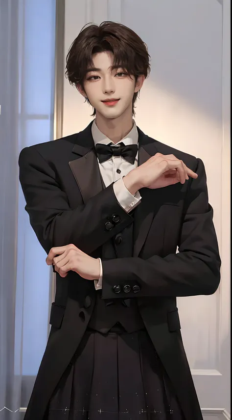 ((4K works))、​masterpiece、（top-quality)、((high-level image quality))、((One Manly Boy))、Slim body、((Man in black tuxedo))、(Detailed beautiful eyes)、window、deacon、Face similar to Chaewon in Ruseraphim、((short hair above the ears))、((Smaller face))、((Neutral ...