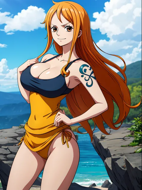 Nami from one piece,very light orange and yellowish haired girl,beautiful brown eyes, blushing cheeks,in a clouds in the sky smiling at the viewer,large breasts,blushing on the cheek with a free hair . She should be wearing a black party oufit bickini with...