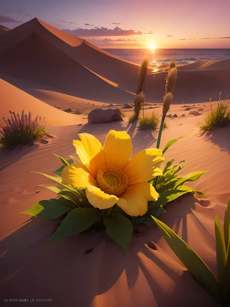 Change this flower background to a dune, sunset, professional  realistic beatifull photography.