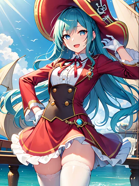 Highly detailed and realistic CG, Colorful, Masterpiece, Best Quality, magnificent, jewel-like eyes, 1girl, solo, loli, petite, aqua blue hair, shiny hair, very long hair, smile, violet eyes, open mouth, dynamic pose, cowboy shot, pirate costume, frill, go...