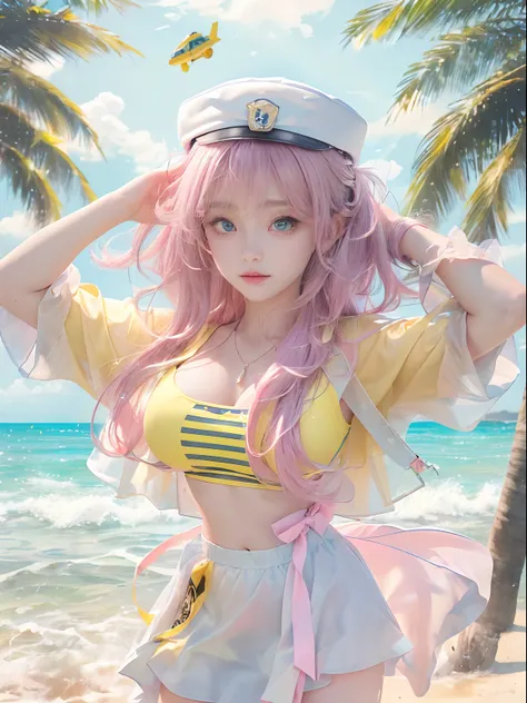 art by Cornflower, Dreamy, (a beautiful teen-aged girl，anime-style girl，eBlue eyes，cabelos preto e longos，Dressed in light yellow，Shiny，longer sleeves，Open chest，Long skirt swimsuit，Pink big breasts，white colors，and yellow，The heart poses above，both hands ...