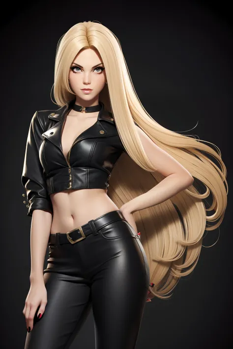 Blonde long hair Emo Pin up Girl, Black Faux, Striking a pose, skinny innocent