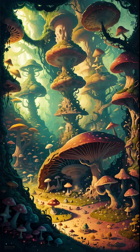 A surreal landscape with giant mushrooms and intricate architecture, bathed in a soft and ethereal light that highlights every intricate detail and adds a dreamlike quality to the scene, There is a cave in the midst of the giant vines that can be explored,...