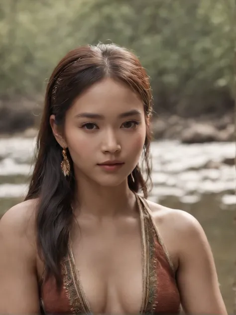 1 girl from an East Asian tribe, Wearing tribal accessories,  sit on a rock and open your legs wide, NSFW, Front view, Bathing in the river, Show vagina, entire body visible, ((Uncensored))), raw, 8K, hard lights, Realistic skin texture, (((Photorealism)))...