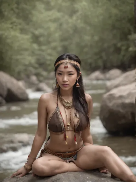 1 girl from an East Asian tribe, Wearing tribal accessories,  sit on a rock and open your legs wide, NSFW, Front view, Bathing in the river, Show vagina, entire body visible, ((Uncensored))), raw, 8K, hard lights, Realistic skin texture, (((Photorealism)))...