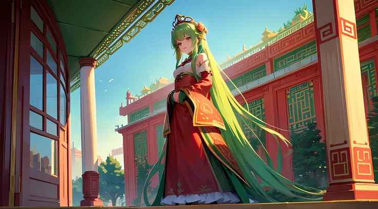 Green girl with long hair，Exquisite palace costume，Fire red dress，Stand in front of the Chinese Heavenly Palace，Look into the distance，