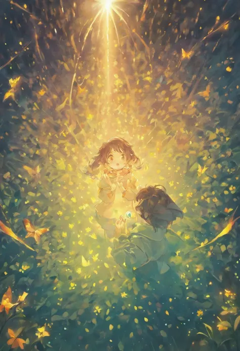 the night，Lolita style clothing，Cartoony，Chubby little girl and little boy hugging each other，Glowing fireflies around，，Cute and cute，KIDS ILLUSTRATION，Glow effects，Dingdall effect，depth of fields，high light，Real light，Ray traching，oc rendered，Hyper-realis...