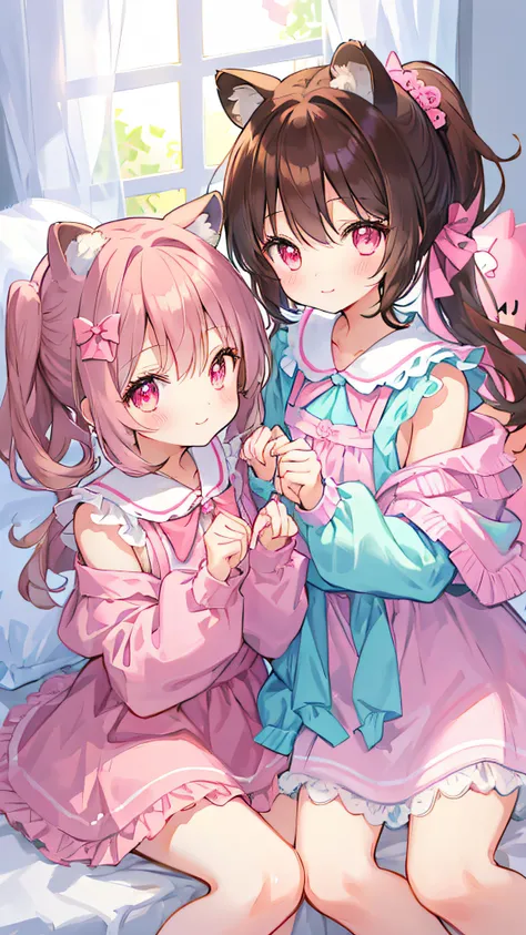 Beautiful illustration、top-quality、Cute twin girls、Bedroom、PastelColors、Fluffy raccoon ears、小柄、brown haired、Bright lighting、bright pink eyes、Pony tail