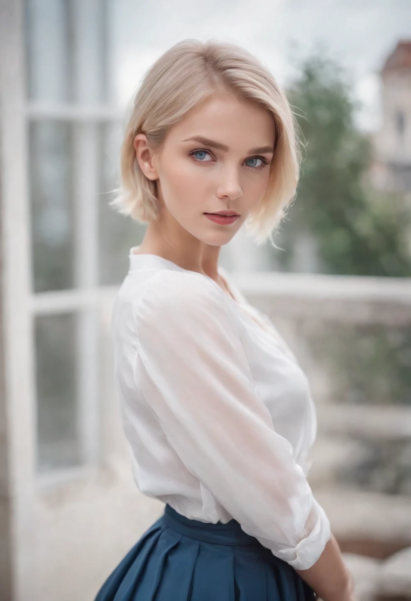 Professional photo of beautiful short blonde hair girl, blue colored eyes, Translucent skirt,white  shirt，lighting perfect，