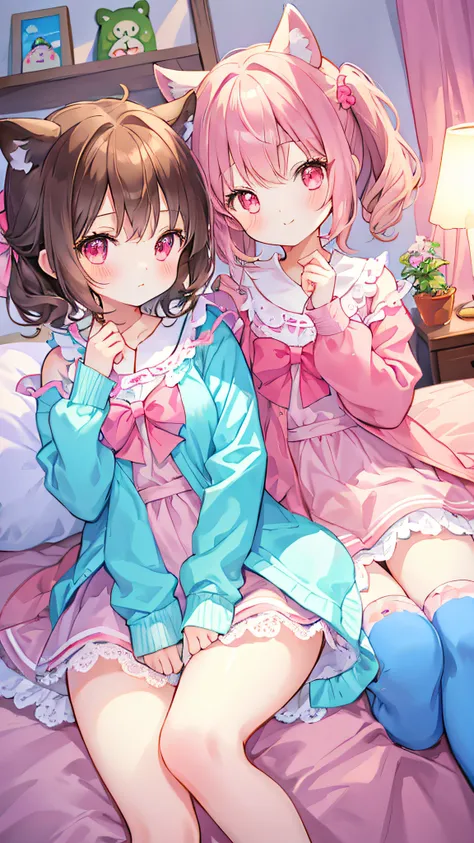 Beautiful illustration、top-quality、Cute twin girls、Bedroom、PastelColors、Fluffy raccoon ears、小柄、brown haired、Bright lighting、bright pink eyes、Pony tail