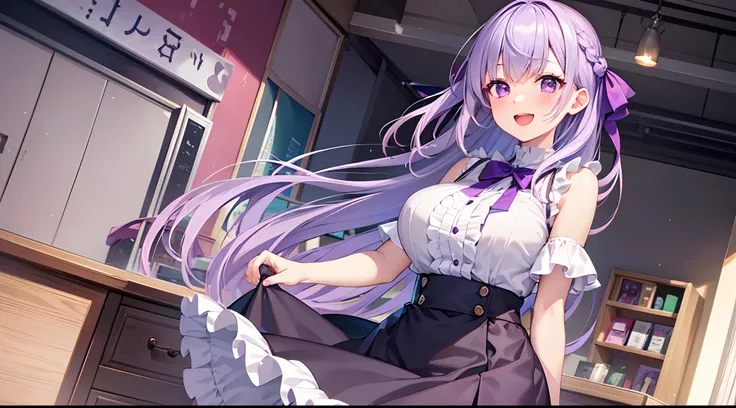 1 girl, game CG, frilled shirt, shoulders visible, short skirt, hair ribbon, gigantic breasts, light purple hair, long hair, french braid, purple eyes, inside the store, large desk, smile, open mouth,