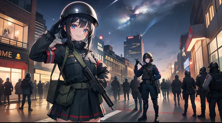 A girl in military uniform，grinning smile，Shy，Warm street lights，down town，Superskirt，Saluting，Wear a steel helmet，The steel helmet has a solid red five-pointed star，Long legs are exposed，Shooting stars dart across the sky，Riot police confront the crowd be...