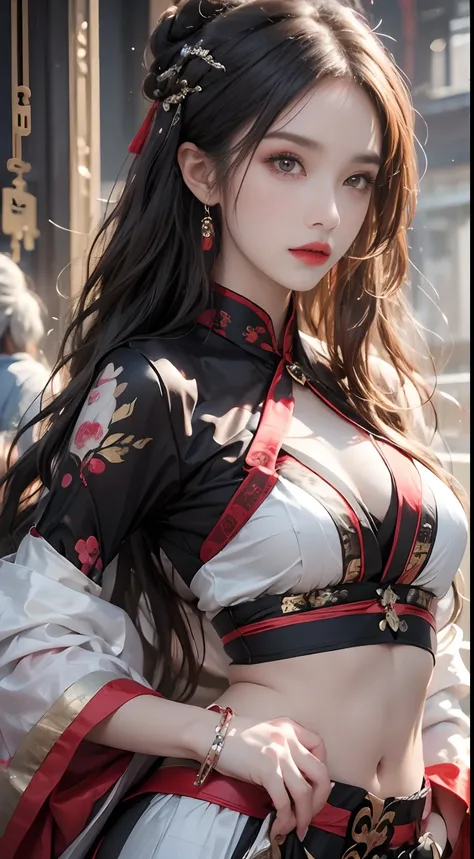 Photorealistic, high resolution, 1 woman, Hips up, Beautiful eyes, Long hair, ringed eyes, jewelry, tattoo, Hanfu, Chinese fairy, Taoist uniform