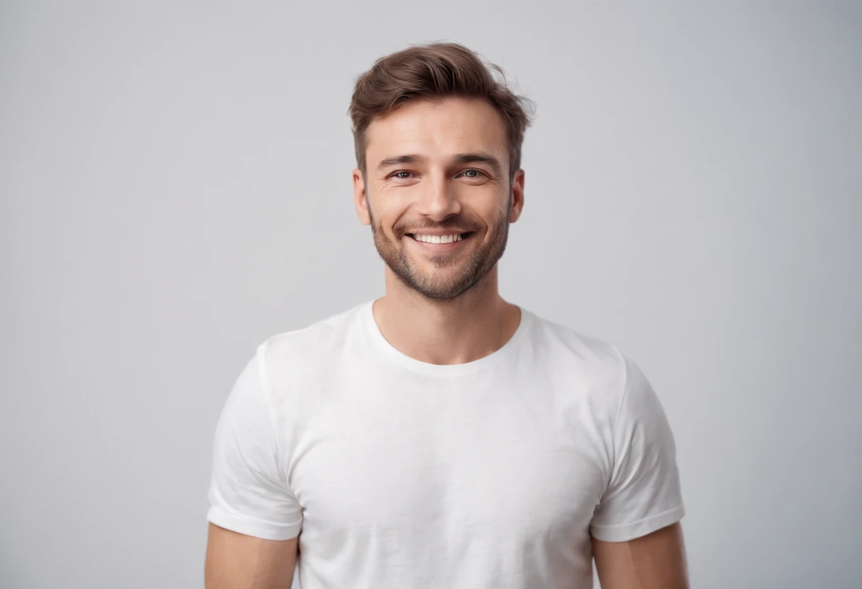 Happy man, wearing t shirt isolated on white background