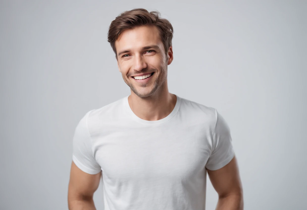 Happy man, wearing t shirt isolated on white background