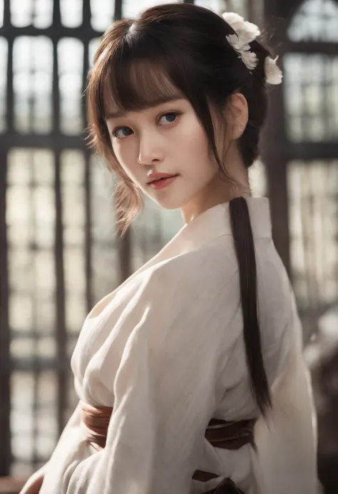 ((Best quality, 8K, Masterpiece :1.3)), Sharp focus:1.2 ， Photorealsitic，(Cinematic lighting)，Facial detail texture. Eye details. Double eyelids, Slender body. Super small breasts, 12-year-old girl, photo-realistic:1.37，Perfect eyes, 1 Girl in black kimono...