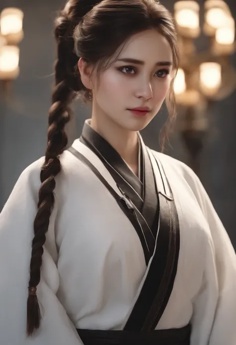 ((Best quality, 8K, Masterpiece :1.3)), Sharp focus:1.2 ， Photorealsitic，(Cinematic lighting)，Facial detail texture. Eye details. Double eyelids, Slender body. Super small breasts, 12-year-old girl, photo-realistic:1.37，Perfect eyes, 1 Girl in black kimono...