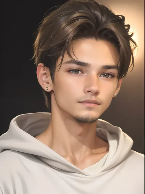 Realistic face, ultra detailed, young boy, 18 years old, boy, realistic boy, grey eyes, realistic, brown and gold hair, realistic detailed chenge background, add lights, add light light beard, white simple sweatshirt skinny boy, add right ear circle earing...