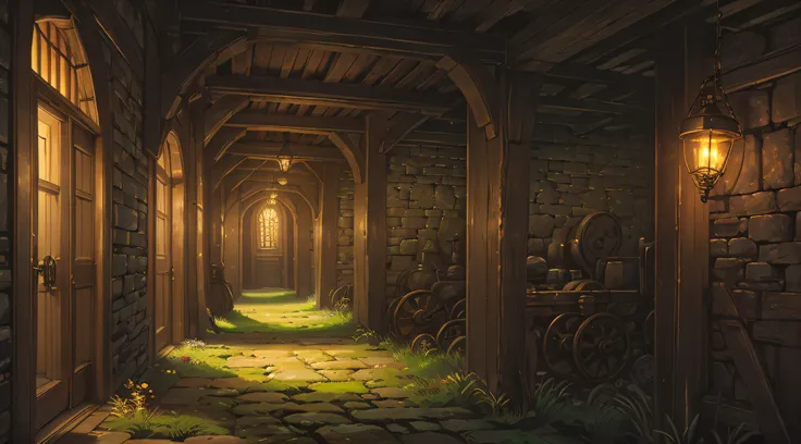 Within Eldoria, show a secret passage that leads to an underground chamber filled with ancient machinery. The passage is dimly lit, with a narrow stone pathway that winds through moss-covered walls. The walls are engraved with intricate symbols representin...