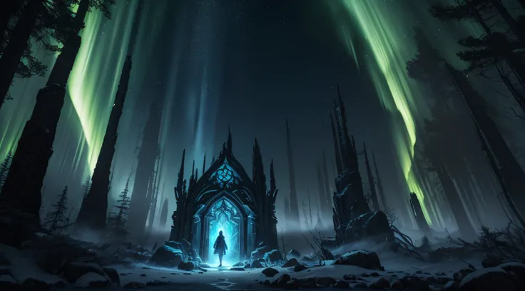 an explorer activating the portal to another dimension within Eldoria,intricate portal design,mystical atmosphere,glowing runes,ancient symbols,aurora-like lights shimmering,crackling energy surges,ethereal mist swirling,cloaked figure emerging from the po...