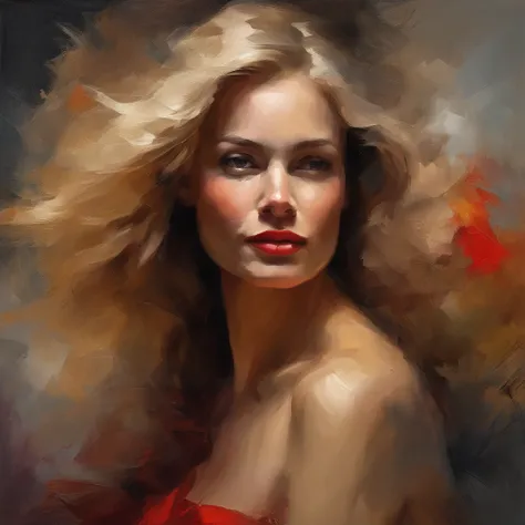 painting of a woman with a red strapless dress, long blond hair, eyes looking directly at us, head in center of frame, elegant digital painting, beautiful portrait acrylic painting, wlop painting style, heavy brush strokes in textured paint, gorgeous digit...