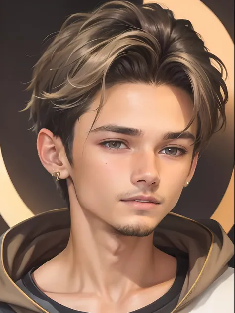 Realistic face, ultra detailed, young boy, 18 years old, boy, realistic boy, grey eyes, realistic, brown and gold hair, realistic detailed chenge background, add lights, add light light beard, white simple sweatshirt skinny boy, add right ear circle earing...