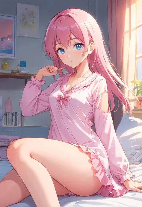 ((natta、Beautiful illustration、top-quality、Cute little girl s))、Bedroom、A pink-haired、long Grey hair、(((Pink assistant)))、(((Pink nightgown)))、short- sleeved、Normal size、a navel、((Turn up the skirt with your hands、showing white panties、Pull up the skirt，Th...