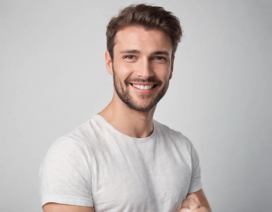 Happy man, wearing t shirt isolated on white background