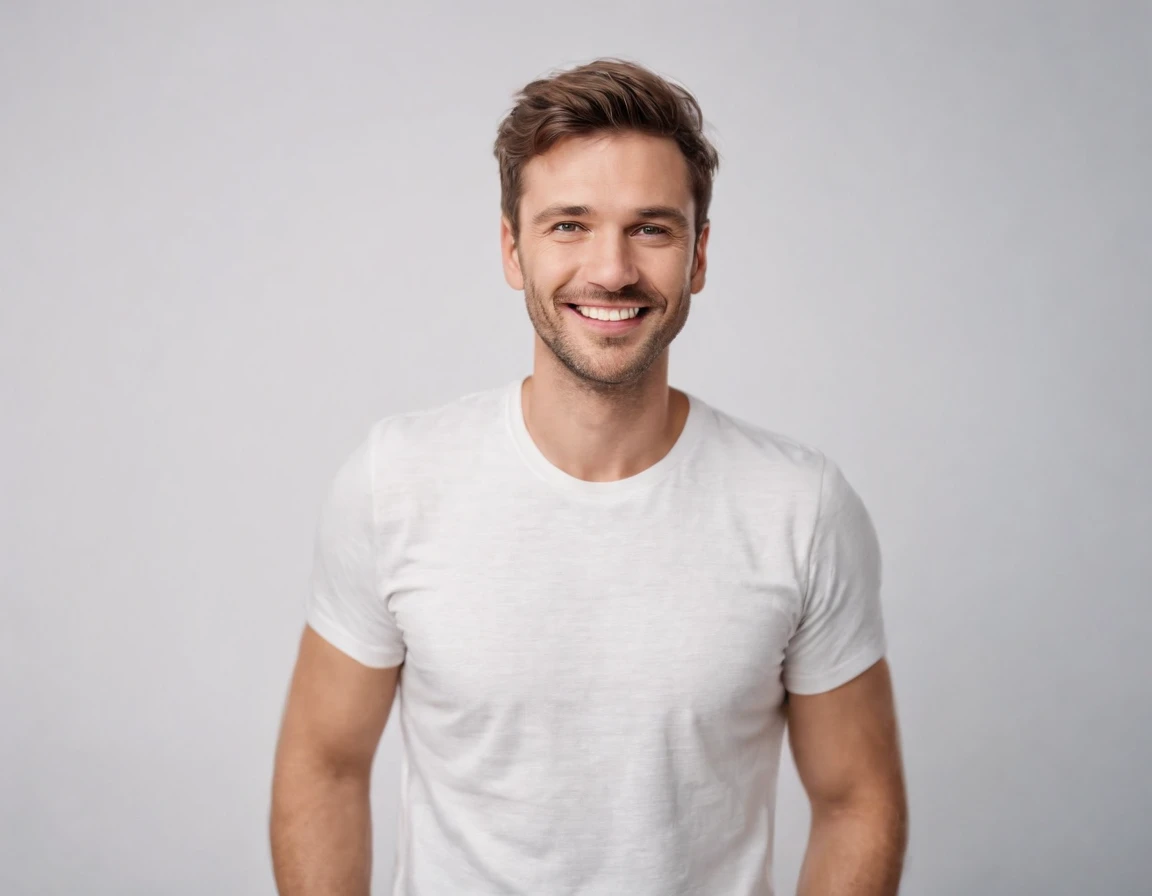 Happy man, wearing t shirt isolated on white background