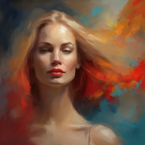 painting of a woman with a red bikini, long blond hair, eyes looking directly at us, head down from top of frame, head in center of frame, elegant digital painting, beautiful portrait acrylic painting, wlop painting style, heavy brush strokes in textured p...