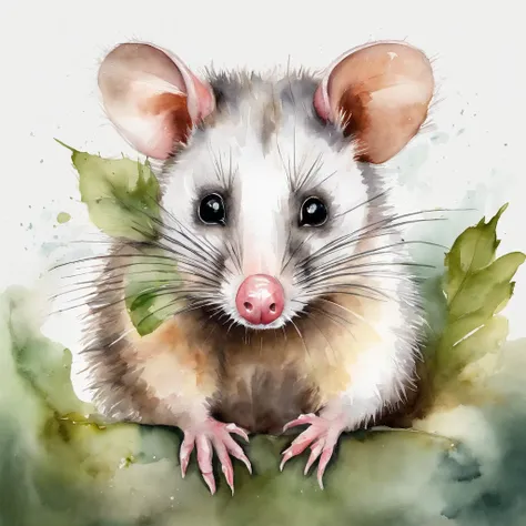 A possum，On your stomach，Watercolor style art，Simple，Full body photo，white backgrounid，