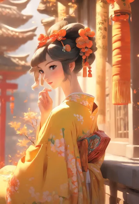 araffe woman in a yellow kimono sitting on a ledge, palace ， a girl in hanfu, realistic anime 3 d style, artwork in the style of guweiz, beautiful character painting, 3 d anime realistic, trending on cgstation, anime styled 3d, wearing ancient chinese clot...