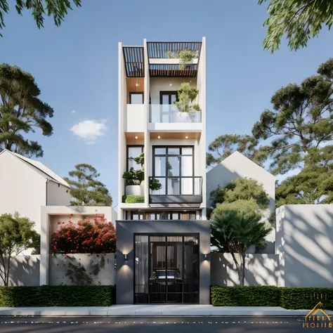 townhouse in city, daylight,warm light, (sharp focus) front view of townhouse in style of modern, vietnamese architecture ,mutua...