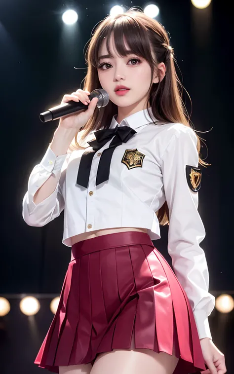 (8k, RAW photo, photorealistic: 1.25), (lip gloss, eyelashes, shiny face, shiny skin, slim body, small, Nogizaka 46, uniform idol, 18 years old, pleated skirt, stage costume, best quality, ultra high resolution, depth of field, chromatic aberration, causti...