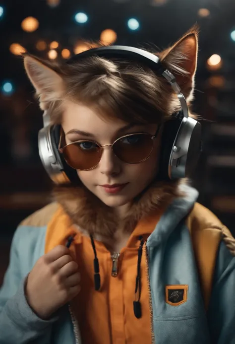 Perfect centering, Cute cat, Wear a student team jacket, Wearing sunglasses, Wearing headphones, cheerfulness, Standing position, Abstract beauty, Centered, Looking at the camera, Facing the camera, nearing perfection, Dynamic, Highly detailed, smooth, Sha...