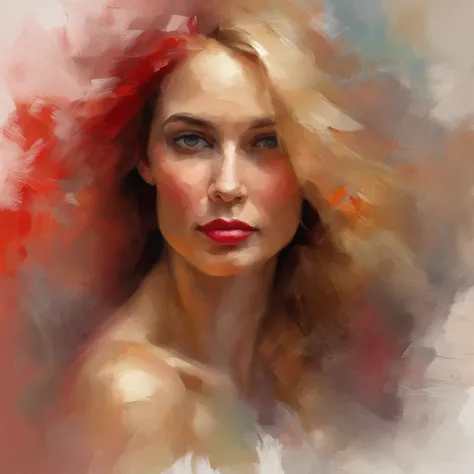 painting of a woman in a red bikini, long blond hair, eyes looking directly at us, camera view has her head in the center of the frame, elegant digital painting, beautiful portrait acrylic painting, wlop painting style, heavy brush strokes in textured pain...