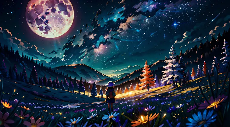 Expansive landscape photograph, (view from below with a view of the sky and the wilderness below), little girl standing in a flower field looking up, (full moon: 1.2), (shooting star: 0.9), (nebula: 1.3), distant mountain, tree break production art, (warm ...