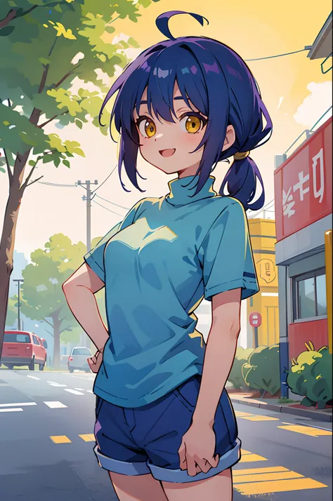 1girl in、Niko-chan、a 18 year old girl、middle size breasts、Blue hair、Pony tail、glowing yellow eyes、Bangs between the eyes、Ahoge、Turtleneck T-Shirt、shortpants、Cheerful smile、Stand in front of a street tree、facial close-up