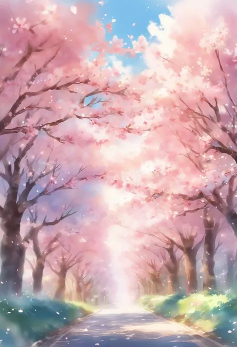 Blue sky and white clouds，The road is lined with beautiful cherry blossom trees，WaterColor style