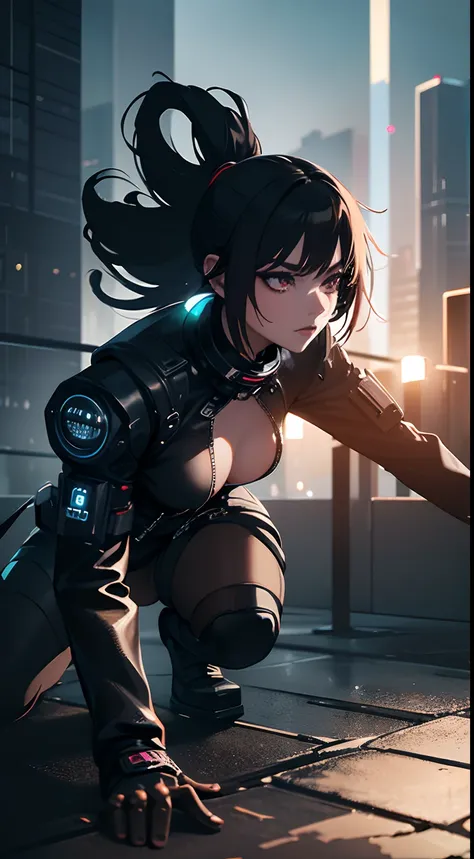 (best quality,masterpiece:1.2),1girl,beautiful detailed eyes,detailed face,full body,ninja,cyberpunk,neon lights,vivid colors,gritty atmosphere,toxic cityscape,evocative background,technological enhancements,glowing tattoos,urban dystopia,action-packed sce...